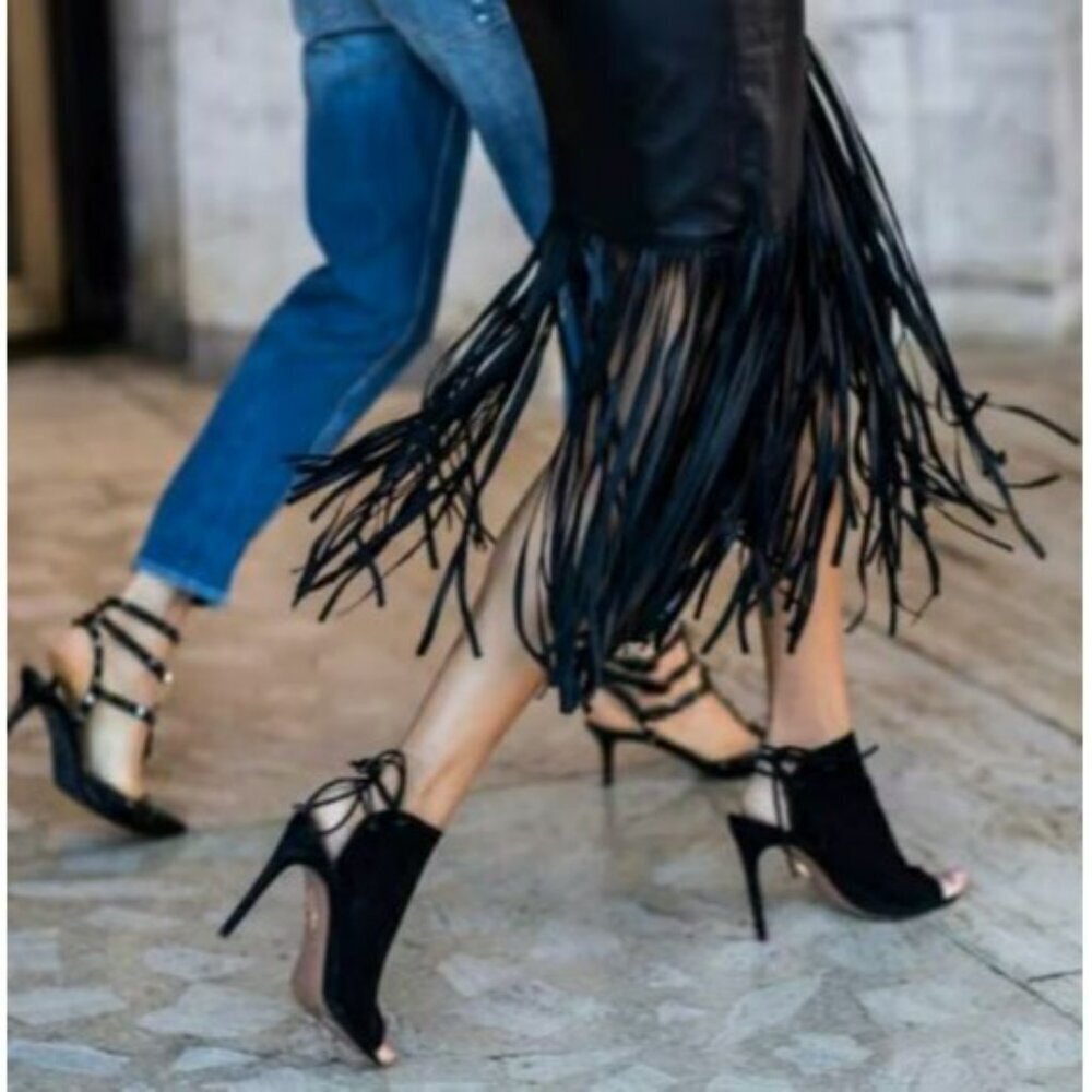 Aquazzura Mayfair Open-Toe Black Suede Lace-up Bootie Sandal Size‎ 36